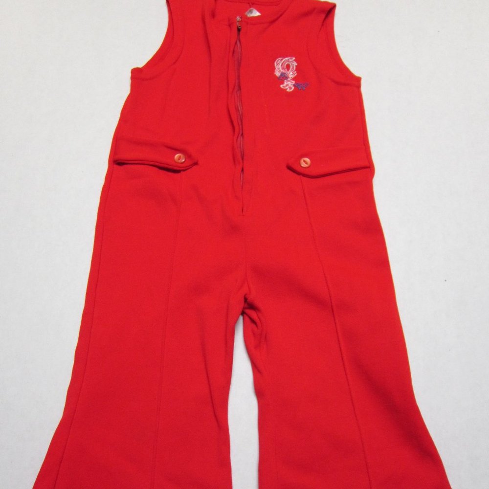 VINTAGE 1970's Baby Toddler Red Jumpsuit Bell Bottoms One Piece Romper 18M